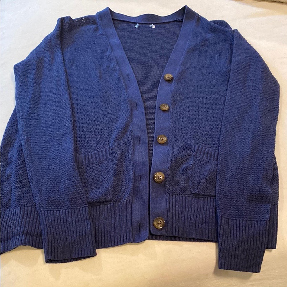 Navy Blue Ribbed Knit Cardigan Sweater